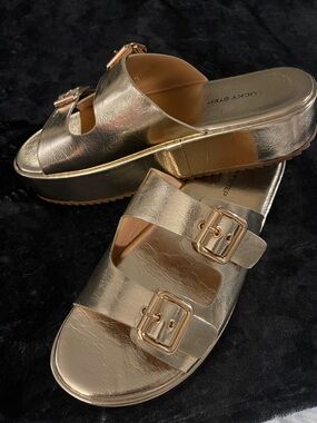 Lucky Step Metallic Platform Buckle Slide Sandals - Gold Sz 11